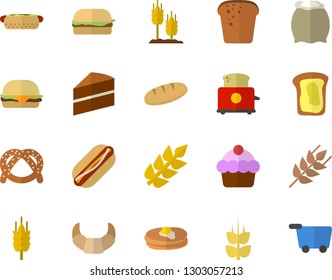 Color flat icon set cake flat vector, toaster, flour, ear, pancakes, bagel, croissant, bread, hamburger, hot dog, sandwich, grocery trolley fector