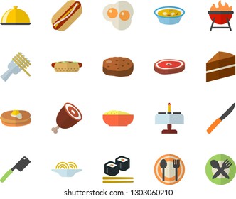 Color flat icon set cake flat vector, knives, barbecue, dish, table setting, pancakes, spaghetti on a fork, hot dog, soup, porridge, ham, chop, cutlet, fish rolls, scrambled eggs