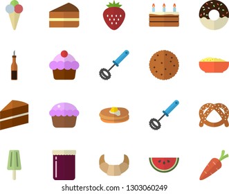 Color flat icon set cake flat vector, whisk, sauce, biscuit, pancakes, bagel, croissant, watermelon, cupcake, piece of, donut, porridge, ice cream, jam, Strawberry, carrot