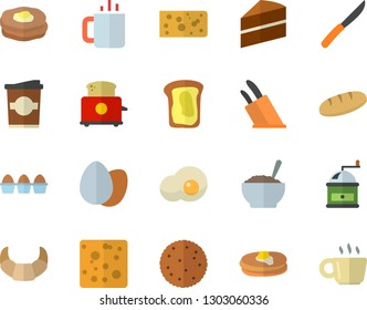Color flat icon set cake flat vector, knives, coffee grinder, toaster, biscuit, pancakes, croissant, cheese, egg, bread, porridge, coffe, tea, scrambled eggs, sandwich