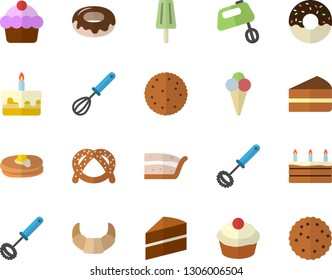 Color flat icon set cake flat vector, whisk, mixer, biscuit, pancakes, bagel, croissant, cupcake, piece of, donut, ice cream