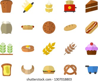 Color flat icon set cake flat vector, rolling pin, toaster, flour, ear, biscuit, pancakes, bagel, croissant, bread, hamburger, hot dog, sandwich, grocery trolley fector