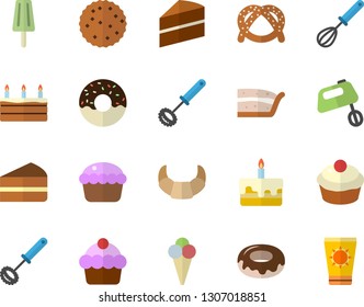 Color flat icon set cake flat vector, whisk, mixer, bagel, croissant, cupcake, piece of, donut, ice cream, biscuit, sun protection fector