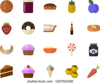 Color flat icon set cake flat vector, sauce, biscuit, pancakes, croissant, cupcake, piece of, donut, porridge, pie, lollipop, ice cream, jam, Strawberry, pineapple, plum, honeycomb, carrot