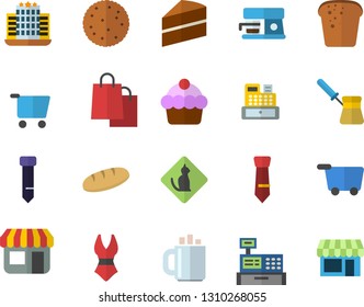 Color flat icon set cake flat vector, turk, coffee machine, biscuit, bread, store front, grocery trolley, bags, cash, tie, swimsuit, hotel fector, pets allowed, shop