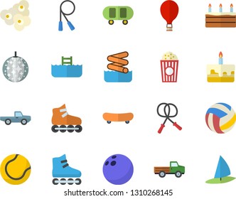 Color flat icon set cake flat vector, popcorn, pickup truck, bowling ball, skateboard, volleyball, skipping rope, tennis, roller Skates, balloon fector, disco, aquapark, pool, windsurfing