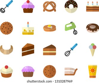 Color flat icon set cake flat vector, whisk, mixer, biscuit, pancakes, bagel, croissant, cupcake, piece of, donut, ice cream, sun protection fector