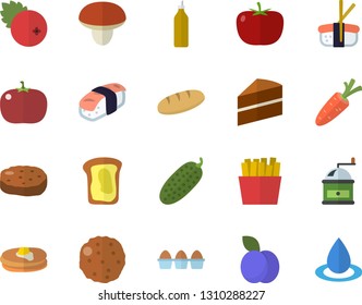 Color flat icon set cake flat vector, coffee grinder, mushroom, tomato, pancakes, egg, bread, cutlet, cucumber, French fries, sashimi, cranberry, plum, mustard, sandwich, carrot, drop