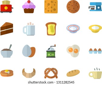 Color flat icon set cake flat vector, coffee grinder, toaster, machine, biscuit, pancakes, bagel, croissant, cheese, egg, bread, dish, porridge, scrambled eggs, sandwich