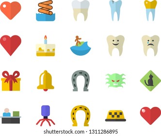 Color flat icon set cake flat vector, horseshoe, present, heart, virus, tooth, caries, dental crowns, office worker, surfing fector, aquapark, pets allowed, taxi, bell