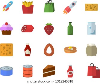 Color flat icon set cake flat vector, flour, ketchup, pancakes, sausage, cheese, canned food, French fries, Strawberry, glass bottles, rocket, bags