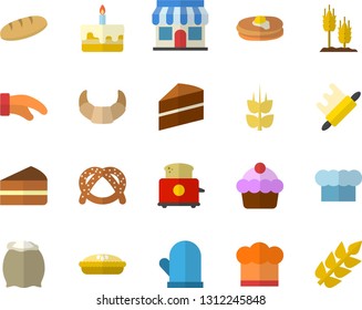 Color flat icon set cake flat vector, cook hat, potholder, rolling pin, toaster, flour, pancakes, bagel, croissant, bread, piece of, pie, ear, store front