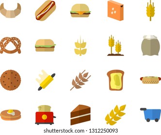 Color flat icon set cake flat vector, rolling pin, toaster, flour, groats, ear, biscuit, pancakes, bagel, croissant, hamburger, hot dog, sandwich, grocery trolley fector