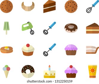 Color flat icon set cake flat vector, whisk, mixer, biscuit, pancakes, croissant, cupcake, piece of, donut, ice cream, sun protection fector