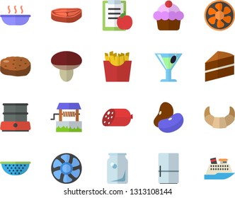 Color flat icon set cake flat vector, colander, double boiler, fridge, chop, legumes, croissant, sausage, soup, cutlet, French fries, cocktail, mushroom, well, ventilation, glass bottles, diet