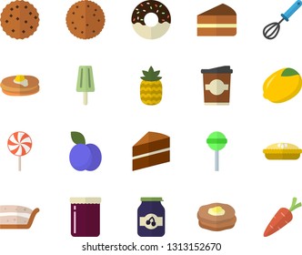 Color flat icon set cake flat vector, whisk, lemon, biscuit, pancakes, piece of, donut, pie, lollipop, ice cream, coffe, jam, pineapple, plum, carrot