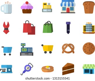 Color flat icon set cake flat vector, spring balance, coffee machine, biscuit, pancakes, bagel, bread, store front, grocery trolley, bags, cash, tie, swimsuit, hotel fector, shop