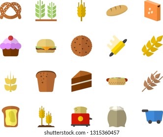 Color flat icon set cake flat vector, rolling pin, toaster, flour, groats, ear, biscuit, bagel, bread, hamburger, hot dog, sandwich, grocery trolley fector