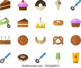 Color flat icon set cake flat vector, whisk, mixer, biscuit, pancakes, bagel, croissant, cupcake, piece of, donut, ice cream, sun protection fector