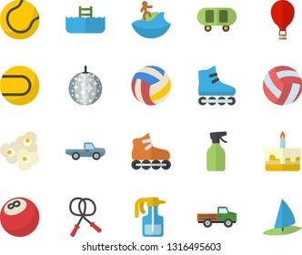 Color flat icon set cake flat vector, popcorn, pickup truck, pulverizer, bowling ball, skateboard, volleyball, skipping rope, tennis, roller Skates, balloon fector, disco, surfing, pool, windsurfing