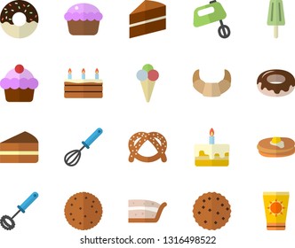 Color flat icon set cake flat vector, whisk, mixer, biscuit, pancakes, bagel, croissant, cupcake, piece of, donut, ice cream, sun protection fector