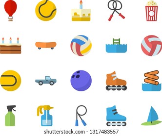 Color flat icon set cake flat vector, popcorn, pickup truck, pulverizer, bowling ball, skateboard, volleyball, skipping rope, tennis, roller Skates, balloon fector, aquapark, pool, windsurfing