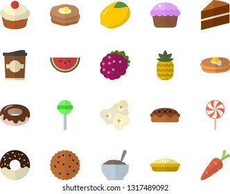 Color flat icon set cake flat vector, lemon, pancakes, watermelon, cupcake, donut, porridge, pie, lollipop, popcorn, coffe, blackberry, pineapple, biscuit, carrot