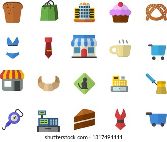 Color flat icon set cake flat vector, spring balance, turk, bagel, croissant, bread, store front, grocery trolley, bags, cash machine, coffee, tie, swimsuit, hotel fector, pets allowed