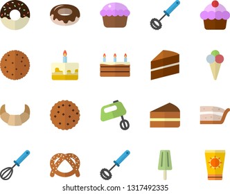 Color flat icon set cake flat vector, whisk, mixer, biscuit, bagel, croissant, cupcake, piece of, donut, ice cream, sun protection fector