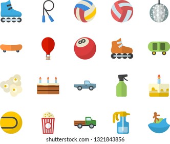 Color flat icon set cake flat vector, popcorn, pickup truck, pulverizer, bowling ball, skateboard, volleyball, skipping rope, tennis, roller Skates, balloon fector, disco, surfing