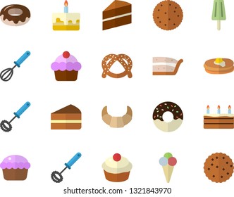 Color flat icon set cake flat vector, whisk, biscuit, pancakes, bagel, croissant, cupcake, piece of, donut, ice cream