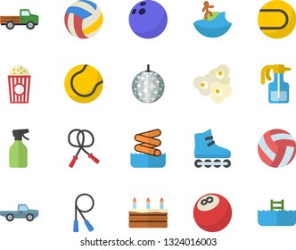 Color flat icon set cake flat vector, popcorn, pickup truck, pulverizer, bowling ball, volleyball, skipping rope, tennis, roller Skates, disco fector, surfing, aquapark, pool