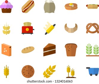 Color flat icon set cake flat vector, rolling pin, toaster, flour, groats, biscuit, pancakes, bagel, croissant, bread, hot dog, ear, grocery trolley fector