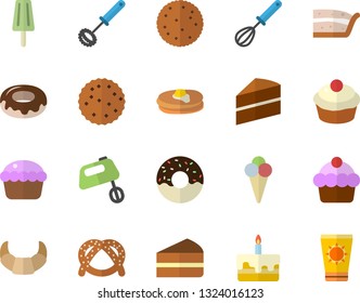 Color flat icon set cake flat vector, whisk, mixer, biscuit, pancakes, bagel, croissant, cupcake, piece of, donut, ice cream, sun protection fector