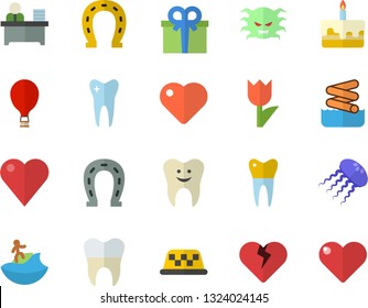 Color flat icon set cake flat vector, horseshoe, tulip, present, heart, virus, tooth, dental crowns, office worker, balloon fector, surfing, aquapark, taxi, jellyfish