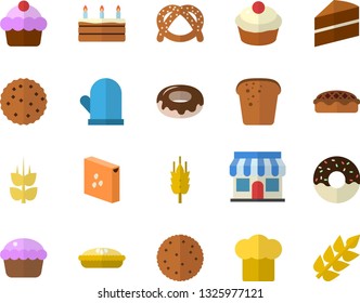 Color flat icon set cake flat vector, cook hat, potholder, groats, biscuit, bagel, bread, cupcake, donut, pie, ear, store front