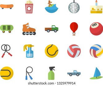 Color flat icon set cake flat vector, popcorn, pickup truck, pulverizer, bowling ball, skateboard, volleyball, skipping rope, tennis, roller Skates, balloon fector, disco, surfing, windsurfing