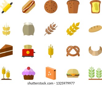 Color flat icon set cake flat vector, rolling pin, toaster, flour, groats, ear, biscuit, bagel, croissant, bread, hamburger, hot dog, sandwich