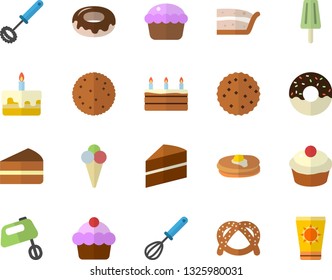 Color flat icon set cake flat vector, whisk, mixer, biscuit, pancakes, bagel, cupcake, piece of, donut, ice cream, sun protection fector