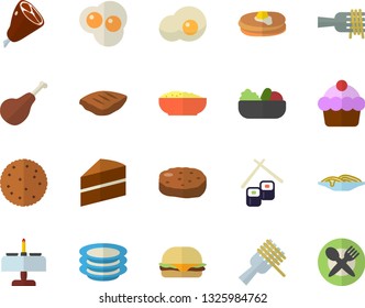 Color flat icon set cake flat vector, plates, ham, biscuit, pancakes, spaghetti on a fork, hamburger, salad, porridge, chop, cutlet, fish rolls, scrambled eggs, romantic dinner fector, table setting