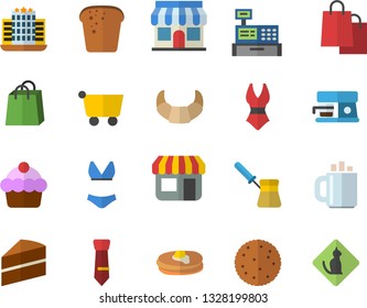 Color flat icon set cake flat vector, turk, coffee machine, biscuit, pancakes, croissant, bread, store front, grocery trolley, bags, cash, tie, swimsuit, hotel fector, pets allowed