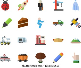 Color flat icon set cake flat vector, towel, hot dog, mushroom, pickup truck, ladybird, gas station, crane, mining, marker, ambulance, businessman, pencil, rocket, satellit, lunar rover, squats
