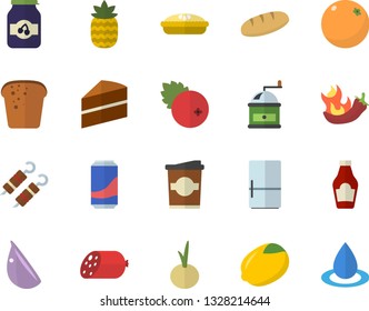 Color flat icon set cake flat vector, coffee grinder, fridge, ketchup, lemon, sausage, bread, pie, shashlik, garlic, onion, hot peppers, lemonade, coffe, jam, cranberry, pineapple, orange, drop