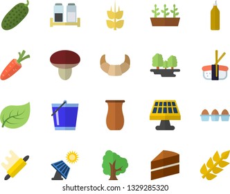 Color flat icon set cake flat vector, rolling pin, spice, jugful, croissant, egg, cucumber, sashimi, mustard, ear, mushroom, carrot, tree, bucketful, seedlings, solar battery, leaf, forest