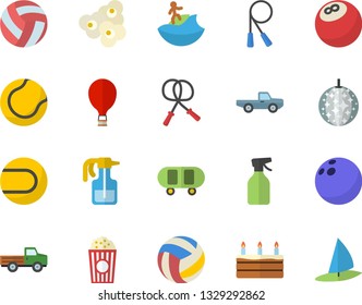 Color flat icon set cake flat vector, popcorn, pickup truck, pulverizer, bowling ball, skateboard, volleyball, skipping rope, tennis, balloon fector, disco, surfing, windsurfing