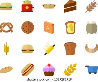 Color flat icon set cake flat vector, rolling pin, toaster, flour, groats, ear, biscuit, bagel, croissant, bread, hamburger, hot dog, sandwich, grocery trolley fector