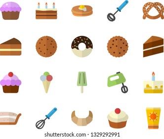 Color flat icon set cake flat vector, whisk, mixer, biscuit, pancakes, bagel, croissant, cupcake, piece of, donut, ice cream, sun protection fector