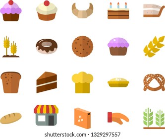 Color flat icon set cake flat vector, cook hat, potholder, groats, biscuit, bagel, croissant, bread, cupcake, piece of, donut, pie, ear, store front