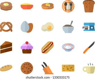 Color flat icon set cake flat vector, knives, coffee machine, table setting, pancakes, bagel, cheese, egg, bread, hot dog, dish, porridge, scrambled eggs, biscuit