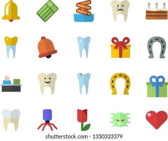Color flat icon set cake flat vector, horseshoe, tulip, present, virus, tooth, caries, dental crowns, office worker, aquapark fector, inflatable mattress, bell, heart